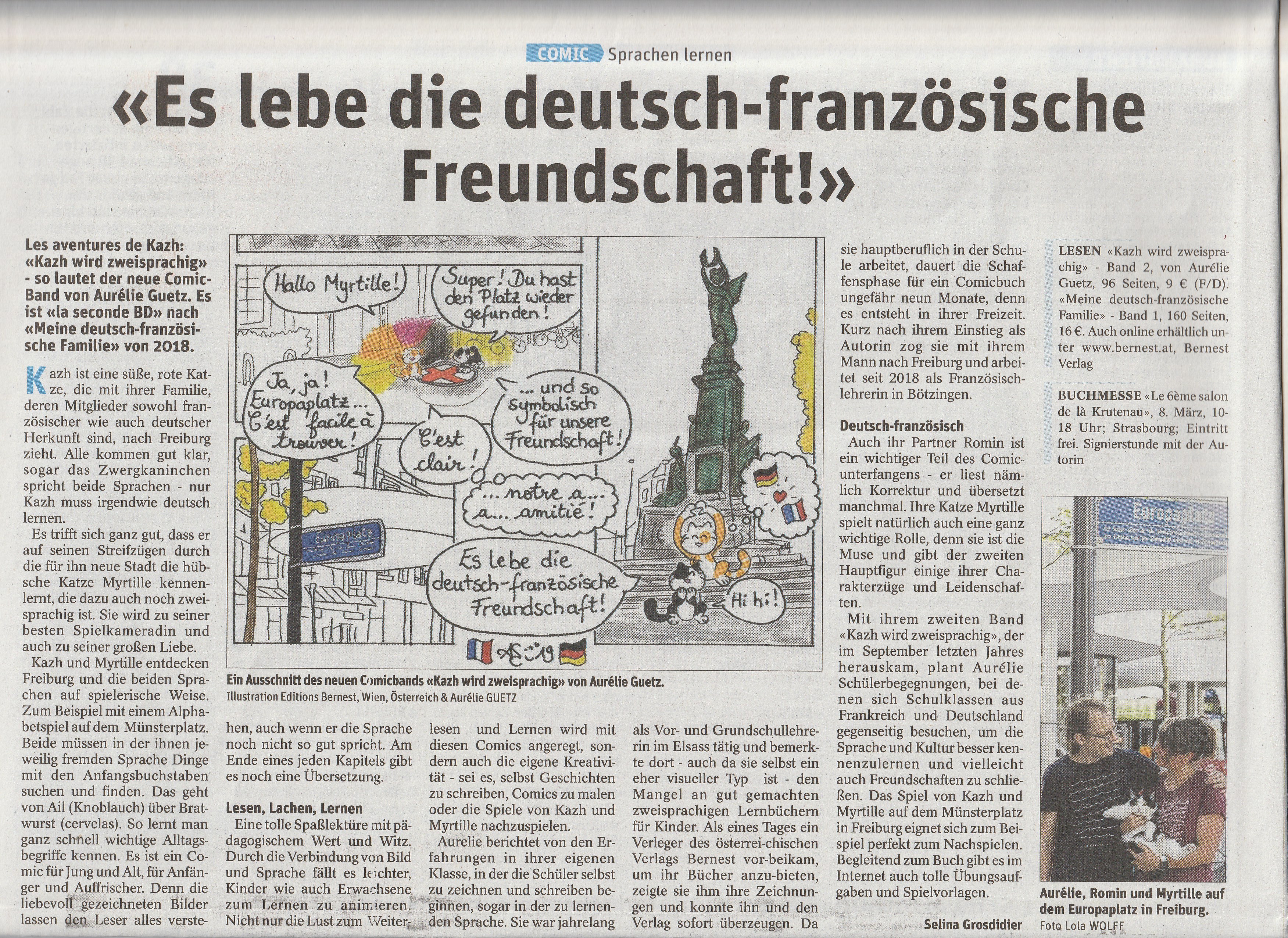Artikel -Es lebe die deutsch-französische Freundschaft- DNA-Alsace - Deutschsprachige Beilage - 29.02.20
